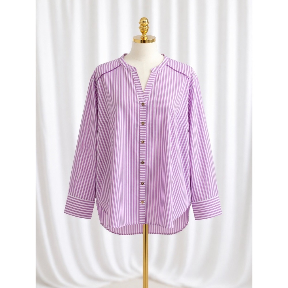 New Isaac Mizrahi‎ Yarn-Dye Stripe Button Up Poplin Top Pockets 3XP Purple